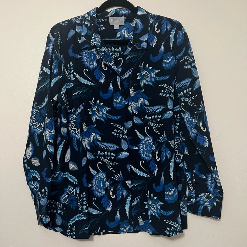 Pure Collection 100% Silk Floral Button-Up Blouse Size‎ 8-10 Navy Blue
